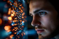 Young man gazing at glowing DNA helix structure with warm orange and blue lighting for biotechnology research and genetic science concepts.