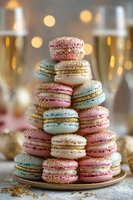 Festive tower of pastel macarons with gold glitter accents on gold plate, champagne glasses in background with soft bokeh lights for celebration.