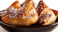 Golden baked pastries with flaky layers dusted with powdered sugar served in dark bowl. Fresh homemade triangular treats for breakfast or dessert menu.