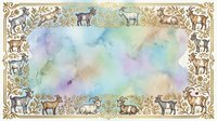 Watercolor wash background with soft pastel hues in lavender, mint, and peach tones, framed by ornate gold decorative border featuring woodland animals and botanical elements, isolated on white background for design projects.