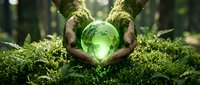 Young adult male with medium skin tone holding glowing green crystal sphere above moss-covered ground in forest setting, symbolizing environmental conservation, renewable energy, and sustainable development for eco-friendly design projects.