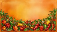 Colorful hot peppers and bell peppers with green leaves arranged on warm orange gradient background, suitable for food packaging, recipe blogs, culinary designs and restaurant menus.