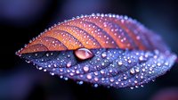 Macro close-up of autumn leaf with morning dew drops creating natural water pearls on textured surface with vibrant colors and bokeh background.