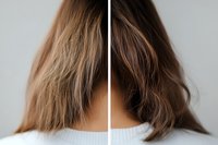 Before and after hair comparison showing damaged dry blonde hair versus healthy shiny brunette locks, demonstrating hair care transformation and treatment results.
