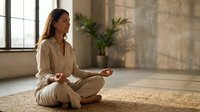 Young woman practicing mindfulness meditation in lotus position on natural fiber mat in bright modern loft space with stone walls and large windows.