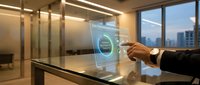 Businessman touching holographic display with digital interface in modern office with city skyline view, representing future technology and innovation.