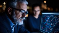 Senior Caucasian scientist with gray beard and glasses analyzing data visualization on computer screen in dark laboratory setting with colleague in background.