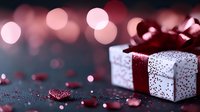 White gift box with burgundy ribbon on dark background with bokeh lights and glitter, romantic holiday celebration composition for greeting cards.
