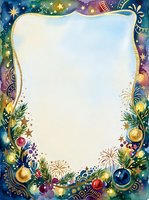 Festive frame with colorful ornaments, stars, and fireworks border on cream background. Isolated design element ready for greeting cards, invitations, posters, and holiday promotional materials.