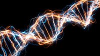DNA double helix structure with glowing blue and orange neon light effects on black background, representing genetic science, biotechnology, and molecular research for medical and educational use.