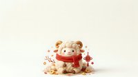 Cute stuffed lamb wearing red scarf surrounded by festive ornaments and decorative elements on neutral background for holiday greeting cards and seasonal designs.