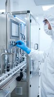 Pharmaceutical technician in protective suit operating sterile manufacturing equipment in modern cleanroom laboratory for drug production and quality control.