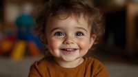 Joyful toddler with curly hair and bright smile wearing brown sweater against blurred playroom background, natural lighting creates warm atmosphere for childhood moments.
