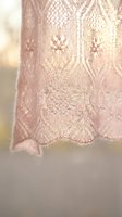 Delicate pink lace fabric with intricate floral embroidery and scalloped edges in soft natural lighting for feminine fashion and textile design projects.