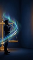 Professional businessman in suit standing beside golden scales of justice with ethereal light effects on dark blue background for legal concepts.