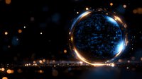 Magical crystal ball glowing with mysterious blue light against dark background with golden bokeh lights creating mystical fortune telling atmosphere.