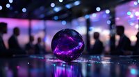 Crystal ball with glowing purple light reflections on dark background with blurred silhouettes and bokeh lights creating magical atmosphere.