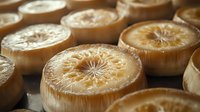 Fresh sliced banana stems arranged in rows showing detailed cross-section pattern with natural golden brown color and fibrous texture in macro photography.