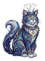 Celestial cat with mystical moon and star patterns, halo, and cosmic body art on white isolated background for design projects.