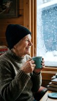 Senior woman in knit sweater and beanie enjoying hot drink by snowy window in cozy cabin interior during winter season.
