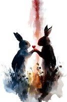 Watercolor rabbits sharing red heart against abstract nature background, romantic animal art in navy blue and black silhouettes with floral elements.