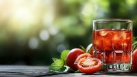 Fresh tomato juice cocktail with ice cubes in faceted glass on rustic wooden table, garnished with mint leaves and raw tomatoes against blurred garden background.