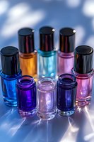 Colorful glass bottles with black caps arranged in semicircle on blue background with dramatic lighting and shadows creating ethereal atmosphere for cosmetic products.