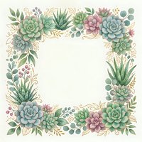 Watercolor succulent frame with green and pink plants, eucalyptus leaves on cream background. Copy space for text, invitations, wedding cards, botanical design.