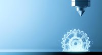 CNC machine tool with glowing gear wireframe on blue background, representing precision manufacturing and industrial technology innovation.