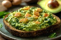 Mashed avocado spread on dark toasted bread garnished with diced yellow citrus segments and fresh herbs, served on rustic plate with spinach leaves and avocado.