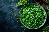 Fresh microgreens in round metal bowl on dark textured background. Organic watercress sprouts for healthy eating and restaurant menu styling.