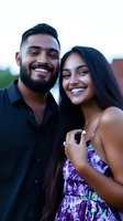 Young diverse couple sharing genuine laughter outdoors during sunset. Woman in floral dress and man in black shirt display authentic joy and connection.