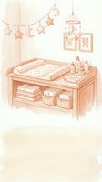 Cozy baby nursery interior with changing table, star garland, mobile and storage baskets in soft peach watercolor style for infant room design.