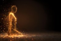 Glowing silhouette of person made from golden light particles against dark background, creating ethereal spiritual effect.