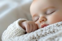 Peaceful sleeping baby wrapped in soft white knitted blanket, close-up portrait showing tiny hand and serene expression. Perfect for parenting and childcare concepts.