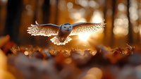 Barn owl flying with spread wings at sunset through autumn forest, backlit by golden sunlight creating magical atmosphere among fallen leaves.