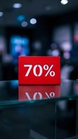 Red 70 percent discount sign on glass shelf in retail store with bokeh background, reflecting sale promotion concept.
