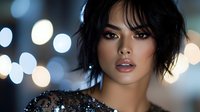 Young Asian woman with dark messy hair and glamorous makeup against blurred bokeh lights background, wearing black sequin dress, looking sensually at camera.