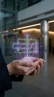 Businessman hands displaying holographic workflow diagram with purple glowing flowchart in modern office environment for digital transformation concepts.