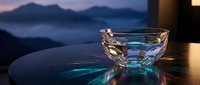 Crystal glass bowl on dark reflective surface with colorful light refractions, misty mountain twilight backdrop creating elegant luxury atmosphere.
