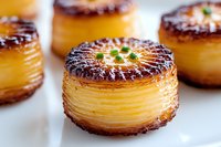 Layered potato pavé with crispy caramelized top garnished with fresh herbs, showcasing golden-brown edges and delicate stacking technique on white surface.