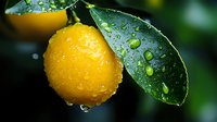 Fresh lemon with water droplets hanging on tree branch with green leaves after rain shower creating natural organic citrus fruit background.