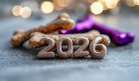 Glittery rose gold numbers 2026 with festive decorations and bokeh lights in background, selective focus creates dreamy New Year celebration atmosphere.
