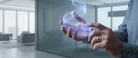 Senior businessman hands displaying glowing DNA double helix hologram in modern office environment representing biotechnology innovation and genetic research advancement.