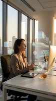 Professional businesswoman working on computer in modern office with city skyline view during golden hour sunset for corporate productivity concepts.