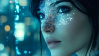 Young Asian woman with glowing digital particles emerging from face against blue bokeh background, representing artificial intelligence and future technology.