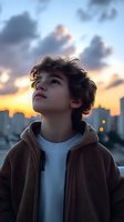 Young Asian male in brown hoodie gazing upward against dramatic sunset sky and city skyline. Soft golden hour lighting creates atmospheric mood for lifestyle and youth concepts.