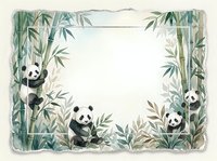 Watercolor panda bears in bamboo forest frame with blank center space for text or design elements on white background.