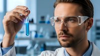 Male scientist in safety glasses examining blue liquid sample in test tube at modern laboratory for research and analysis.