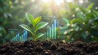 Young green plant growing from soil with glowing digital charts showing growth index and carbon credit sustainability metrics in sunlit forest.